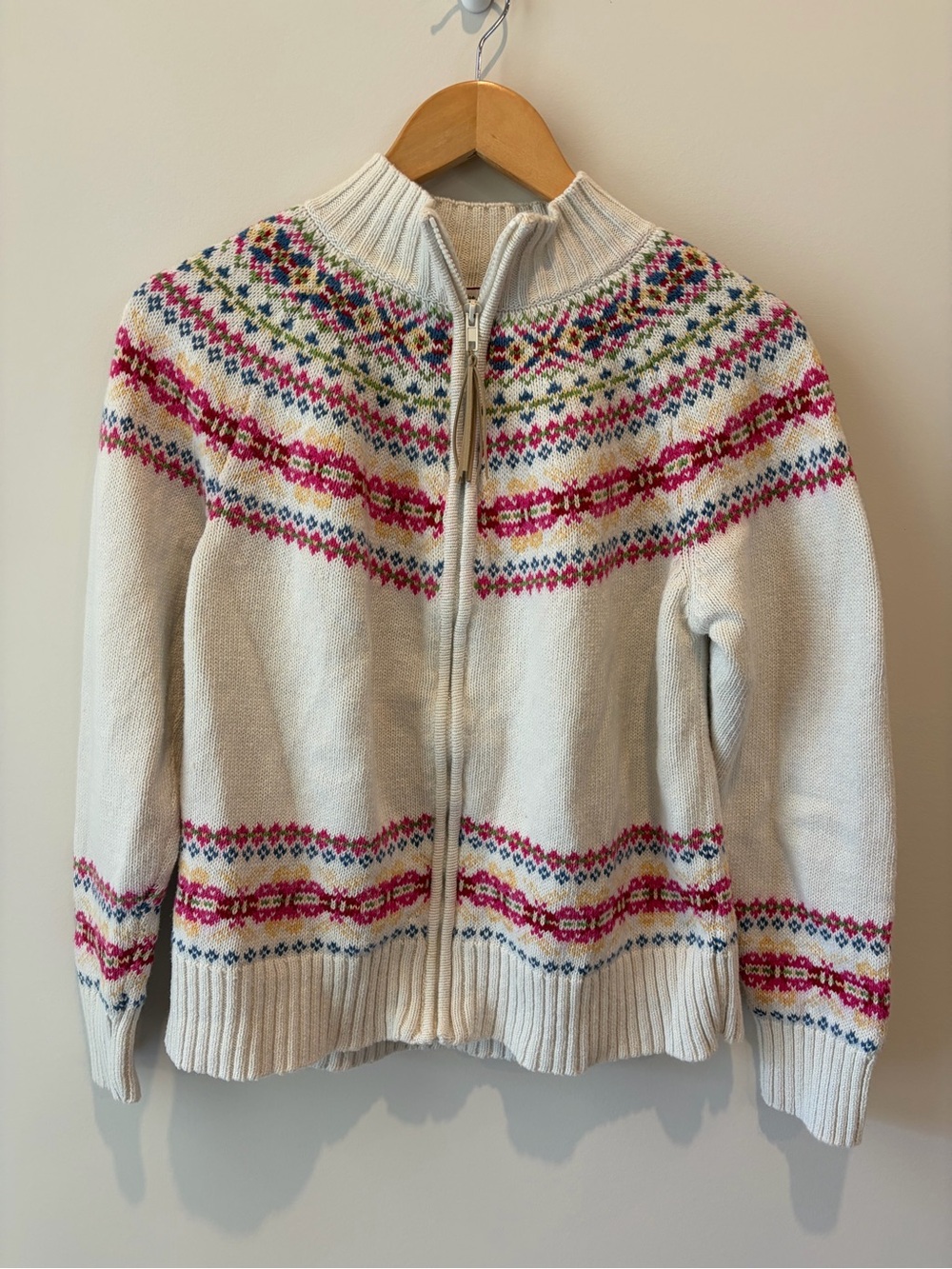 Vintage Cream Fair Isle Zip-Front Women's Sweater Medium Cottagecore Grandmacore
